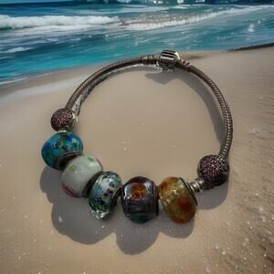 Pandora Bracelet 925 Silver+1 Pandora charms + 2 sterling silver + 4 Glass Beads